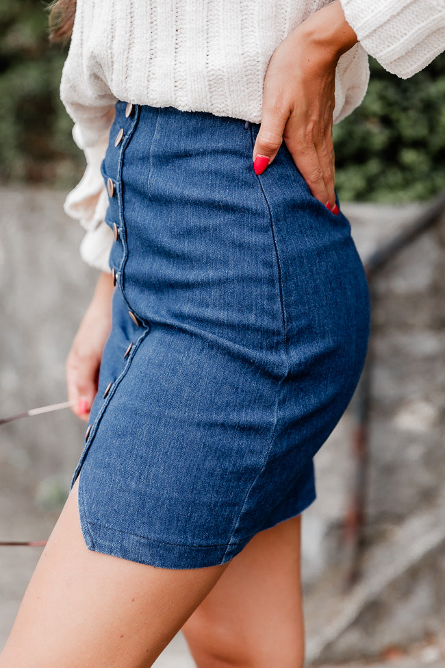 Alisa Midi Skirt - Button Through A Line Denim in Mid Blue Wash | Showpo USA